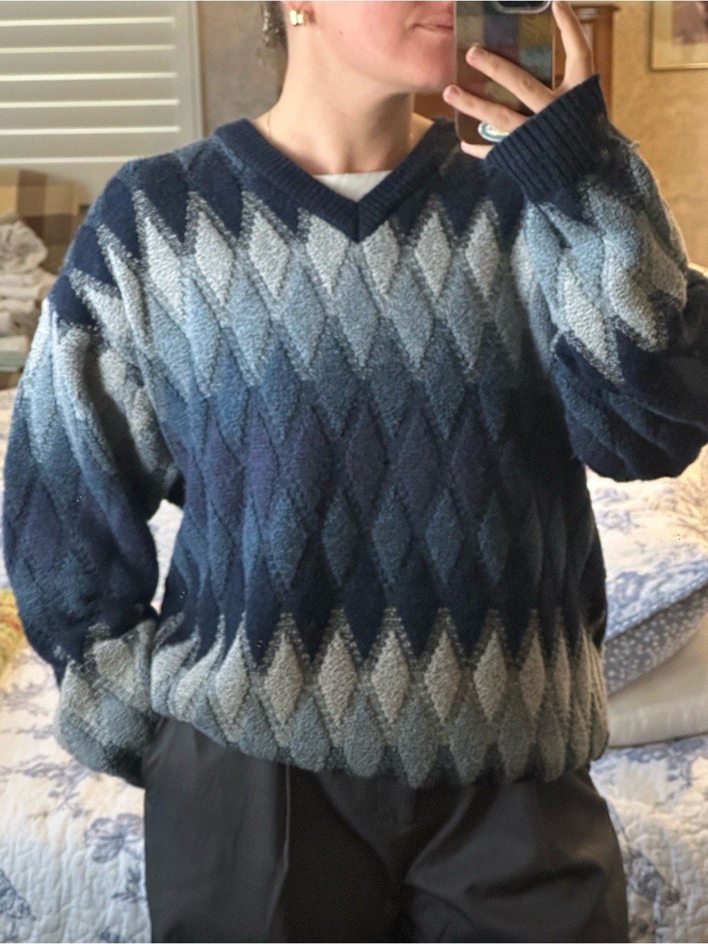 VINTAGE V-Neck Geometric Pattern Sweater - Navy & Gray